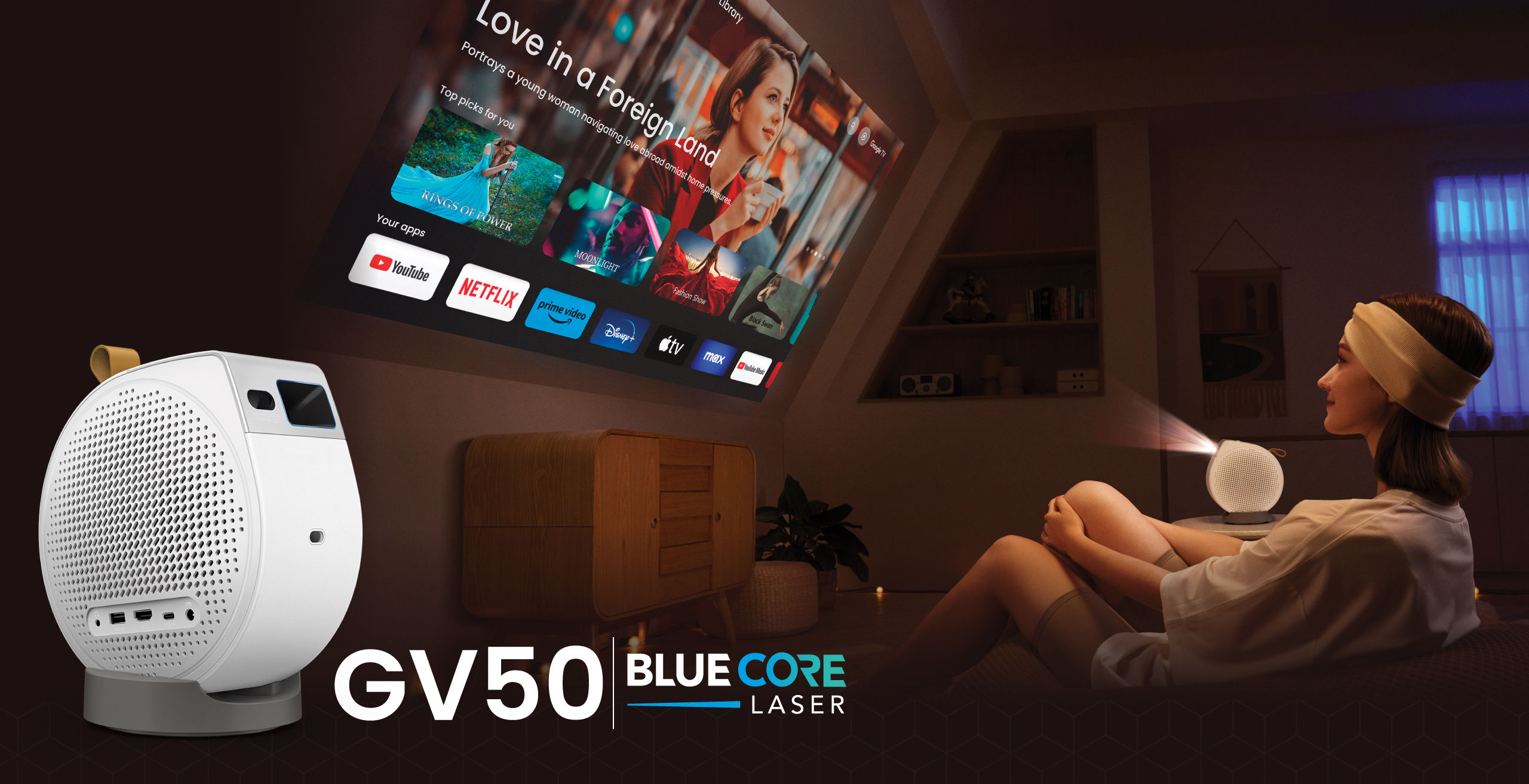 GV50 | 1080p 500lm Laser Portable Projector for Bedside Ceiling